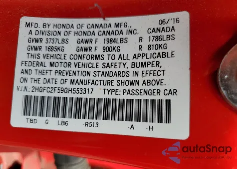 2016 Honda Civic Lx from USA, damaged, VIN 2HGFC2F59GH553317